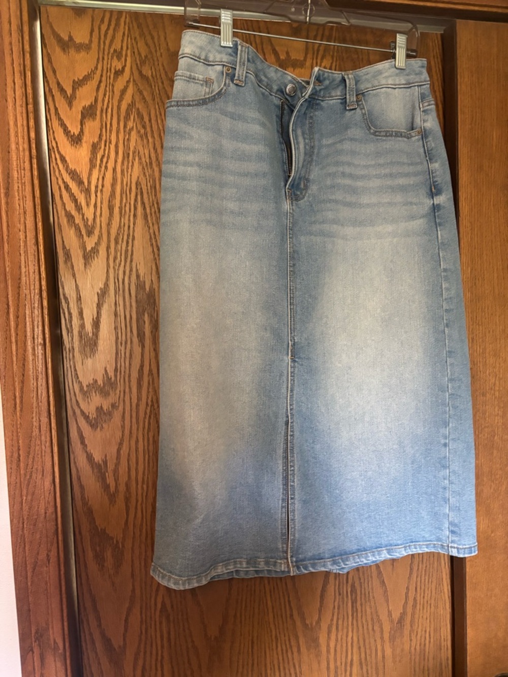 Time and Tru Light Blue Denim Midi Skirt - A-Line Front Seam